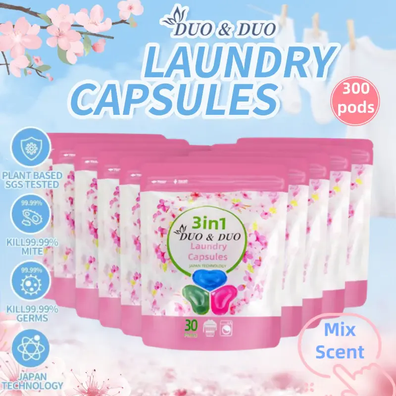 DuoDuo Plant Based Singapore SGS tested Bundle of 10Packets 3 in 1 Laundry Capsules Clover Shape Mix Scents - 300 pods