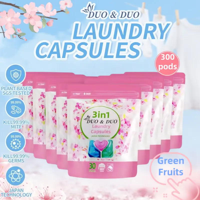 DuoDuo Plant Based Singapore SGS tested Bundle of 10 Packets 3 in 1 Laundry Capsules Green Fruits Scent - 300 pods