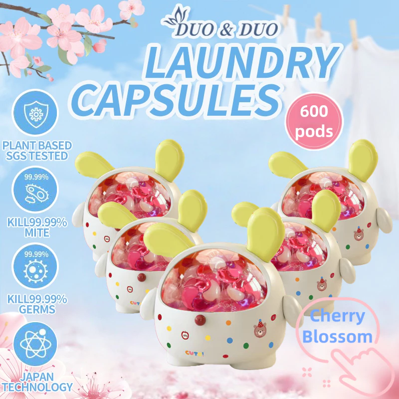 DuoDuo Plant Based Singapore SGS tested 4 in 1 Laundry Capsules Cherry Blossom Scent Bundle of 5Box - 600 pods (Cherry Blossom 5 Boxes Yellow)