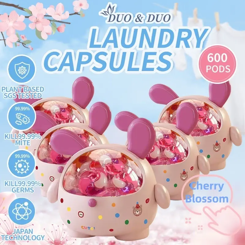 DuoDuo Plant Based Singapore SGS tested 4 in 1 Laundry Capsules Cherry Blossom Scent Bundle of 5Box - 600 pods