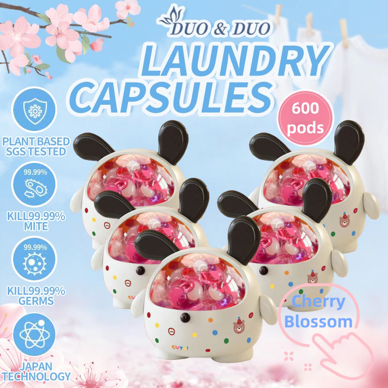 DuoDuo Plant Based Singapore SGS tested 4 in 1 Laundry Capsules Cherry Blossom Scent Bundle of 5Box - 600 pods