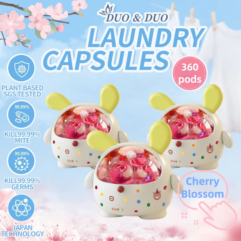 DuoDuo Plant Based Singapore SGS tested 4 in 1 Laundry Capsules Cherry Blossoms Scent Bundle of 3Box - 360 PODS (Cherry Blossom 3 Boxes Yellow)