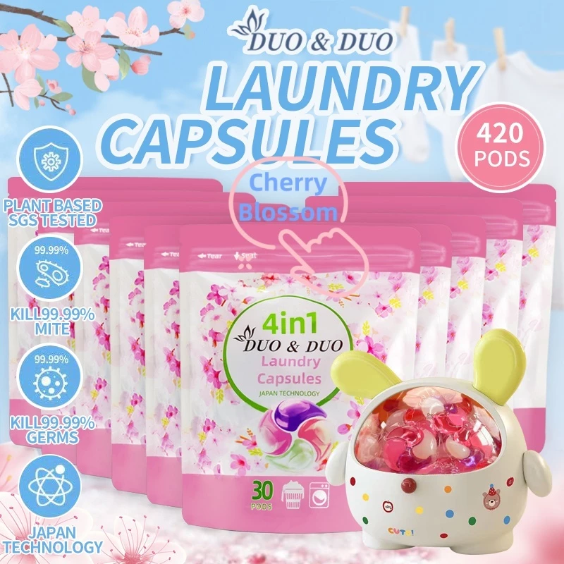 DuoDuo Plant Based Singapore SGS tested 4 in 1 Laundry Capsules Bundles of 10Packets + 1Box Cherry Blossom - 420PODS (Cherry Blossom 10Packs+1Box Yellow)