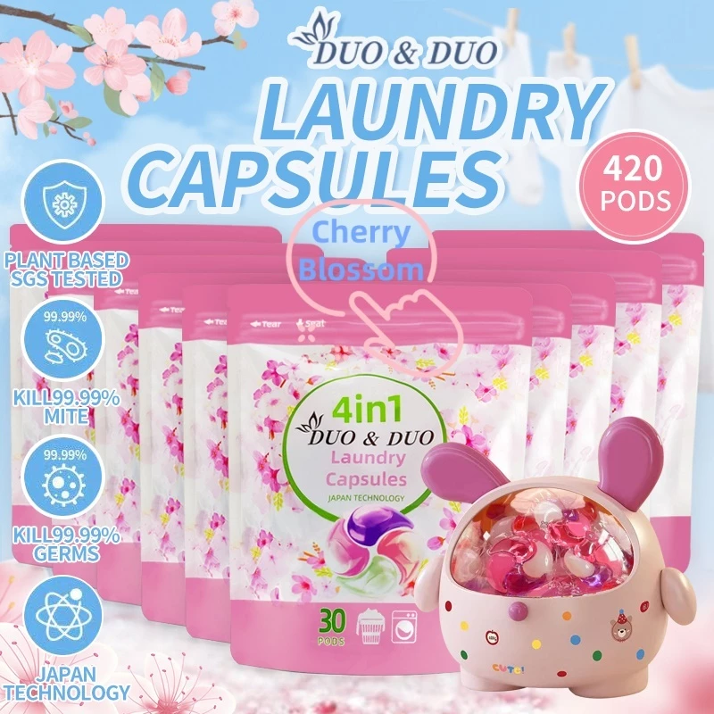 DuoDuo Plant Based Singapore SGS tested 4 in 1 Laundry Capsules Bundles of 10Packets + 1Box Cherry Blossom - 420PODS