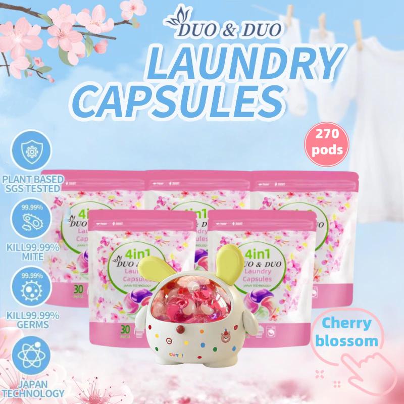 DuoDuo Plant Based Singapore SGS tested 4 in 1 Laundry Capsules Bundles of 5Packs + 1Box Cherry Blossom - 270PODS (Cherry Blossom 5Packs + 1Box Yellow)