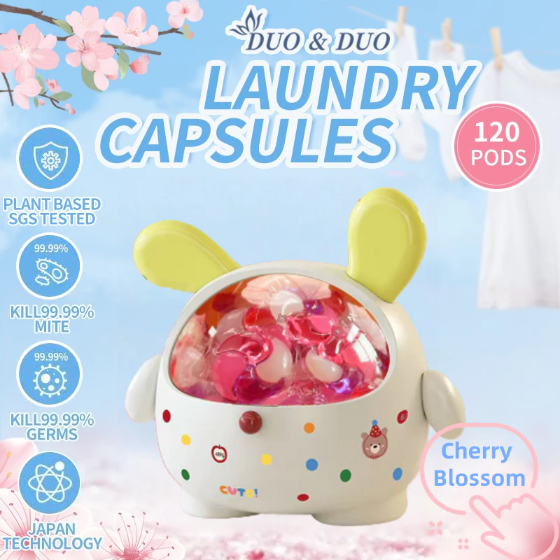 DuoDuo Plant Based Singapore SGS tested 4 in 1 Laundry Capsules Cherry Blossoms Scent - 120 PODS (Cherry Blossom 1 Box Yellow)