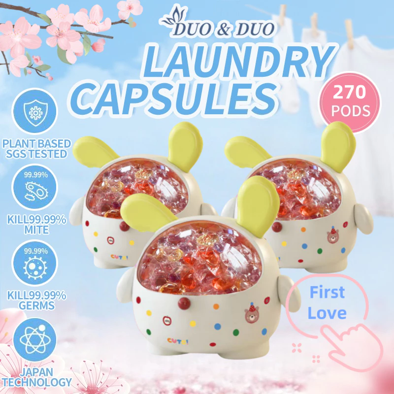 DuoDuo Plant Based Singapore SGS tested Bundle of 3Box 6 in 1 Laundry Capsules First Love - 270 pods (First Love 3 Boxes Yellow)