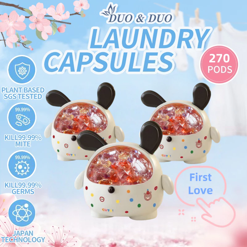 DuoDuo Plant Based Singapore SGS tested Bundle of 3Box 6 in 1 Laundry Capsules First Love - 270 pods