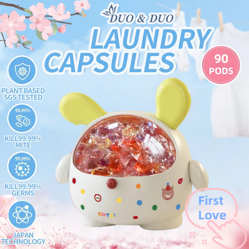 DuoDuo Plant Based Singapore SGS tested 6 in 1 Laundry Capsules First Love- 90 Pods (First Love 1 Box Yellow)