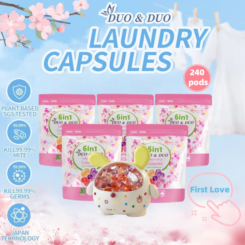 DuoDuo Plant Based Singapore SGS tested 6 in 1 Laundry Capsules Bundles of 5Packs+1Box First Love-240 PODS (First Love 5Packs + 1 Box Yellow)