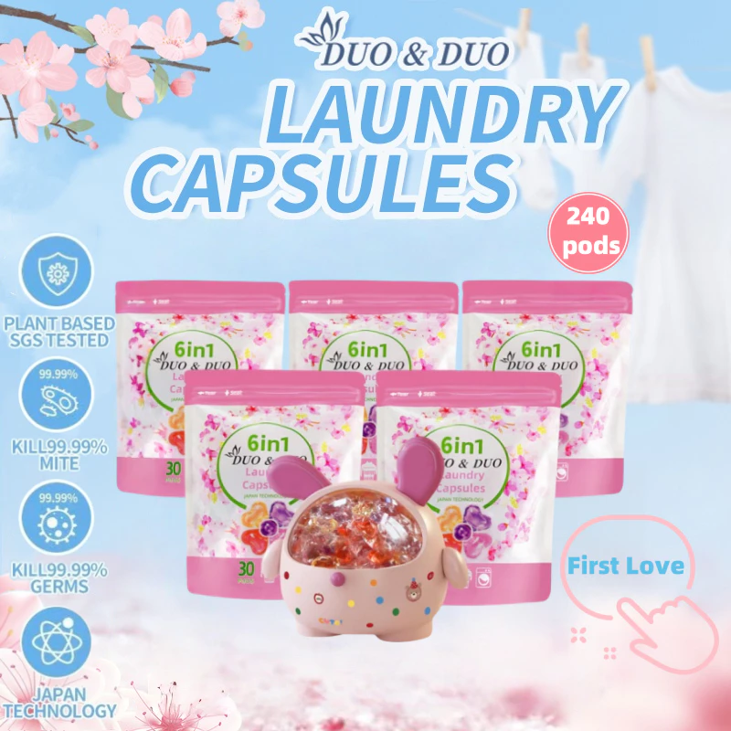 DuoDuo Plant Based Singapore SGS tested 6 in 1 Laundry Capsules Bundles of 5Packs+1Box First Love-240 PODS