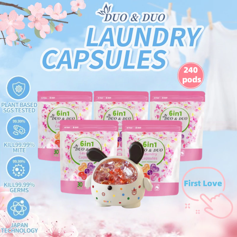 DuoDuo Plant Based Singapore SGS tested 6 in 1 Laundry Capsules Bundles of 5Packs+1Box First Love-240 PODS