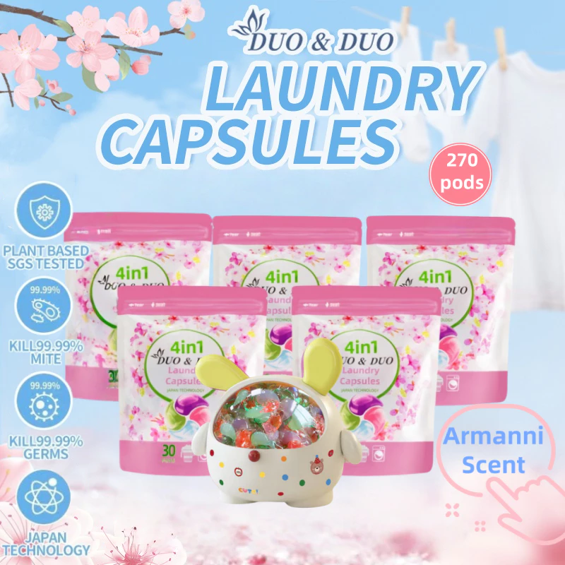 DuoDuo Plant Based Singapore SGS tested 4 in 1 Laundry Capsules Bundles of 5Packs + 1Box Armanni - 270PODS (Armanni 5Packs + 1 Box Yellow)