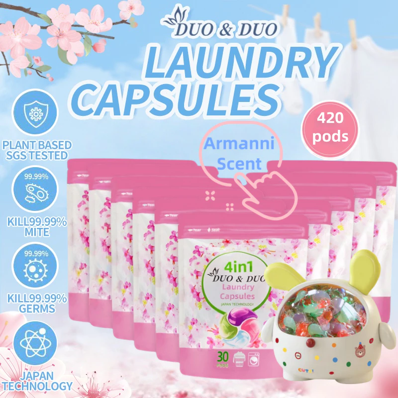 DuoDuo Plant Based Singapore SGS tested 4 in 1 Laundry Capsules Bundles of 10Packs + 1Box Armanni - 420PODS (Armanni 10Packs + 1 Box Yellow)
