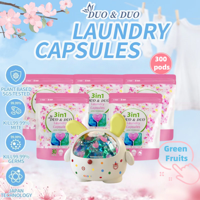DuoDuo Plant Based Singapore SGS tested 3 in 1 Laundry Capsules Bundles of 5Packs+1Box Green Fruits-300 PODS (Green Fruit 5Packs + 1 Box Yellow)