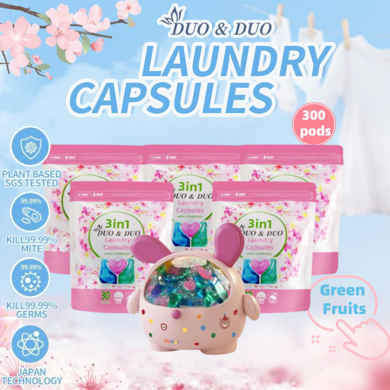 DuoDuo Plant Based Singapore SGS tested 3 in 1 Laundry Capsules Bundles of 5Packs+1Box Green Fruits-300 PODS