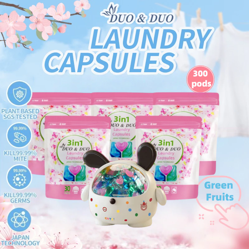 DuoDuo Plant Based Singapore SGS tested 3 in 1 Laundry Capsules Bundles of 5Packs+1Box Green Fruits-300 PODS