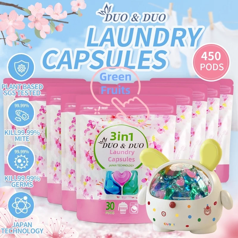 DuoDuo Plant Based Singapore SGS tested 3 in 1 Laundry Capsules Bundles of 10Packs+1Box 3 in 1 Green Fruits-450 PODS (Green Fruit 10Packs + 1 Box Yellow)