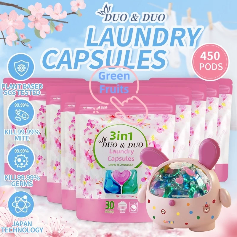 DuoDuo Plant Based Singapore SGS tested 3 in 1 Laundry Capsules Bundles of 10Packs+1Box 3 in 1 Green Fruits-450 PODS