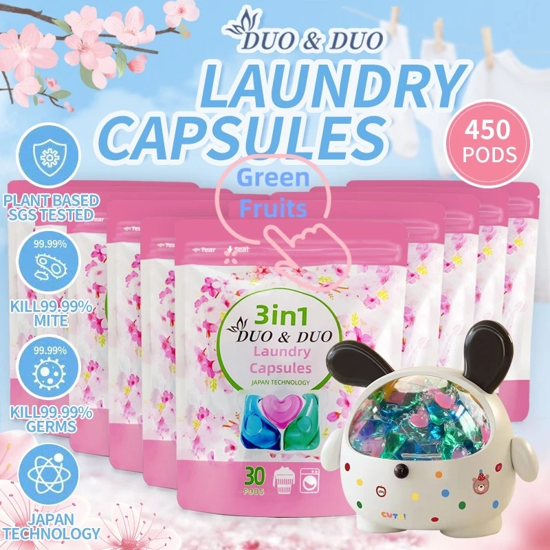 DuoDuo Plant Based Singapore SGS tested 3 in 1 Laundry Capsules Bundles of 10Packs+1Box 3 in 1 Green Fruits-450 PODS