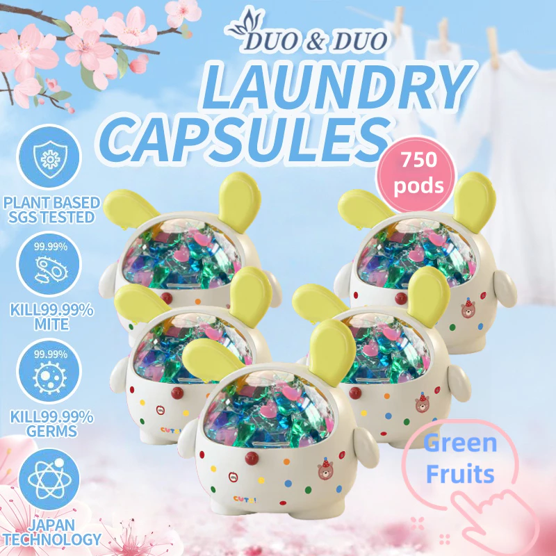 DuoDuo Plant Based Singapore SGS tested 3 in 1 Laundry Capsules Green Fruits Bundle of 5Box - 750 pods (Green Fruit 5 Boxes Yellow)