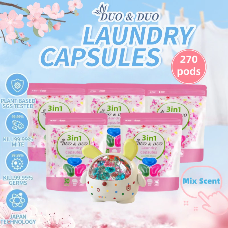 DuoDuo Plant Based Singapore SGS tested 3 in 1 Laundry Capsules Bundles of 5Packs+1Box Mix Scent-270 PODS (Mix 5Packs + 1 Box Yellow)