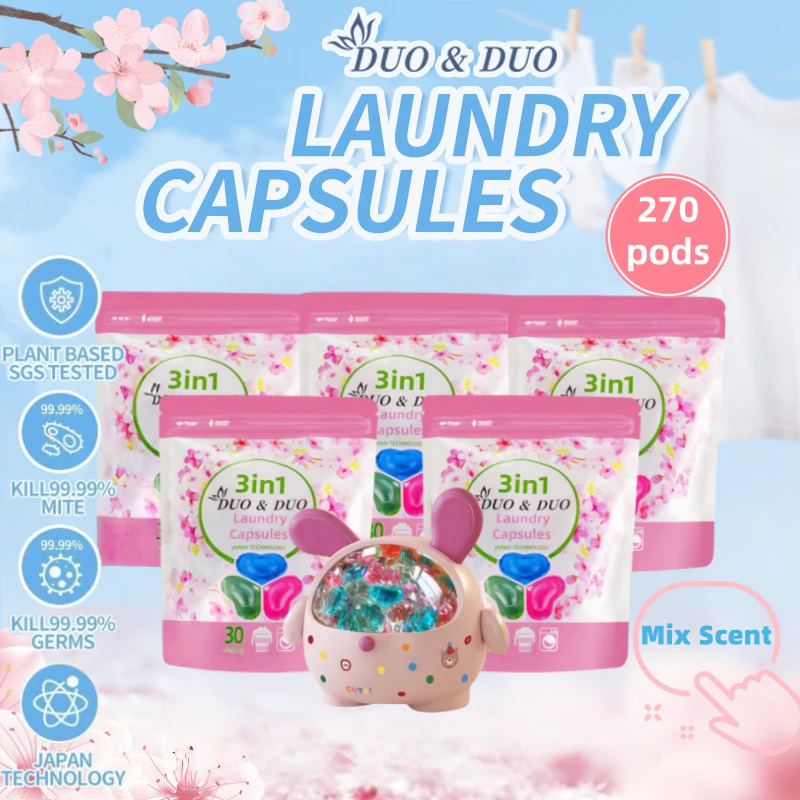 DuoDuo Plant Based Singapore SGS tested 3 in 1 Laundry Capsules Bundles of 5Packs+1Box Mix Scent-270 PODS