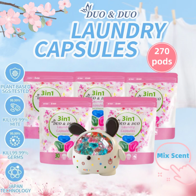 DuoDuo Plant Based Singapore SGS tested 3 in 1 Laundry Capsules Bundles of 5Packs+1Box Mix Scent-270 PODS