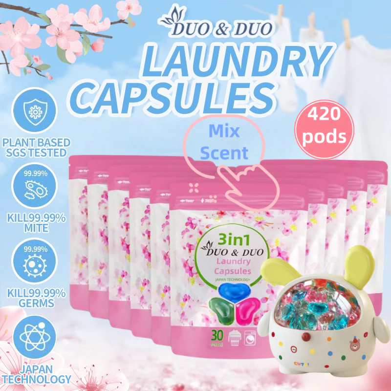 DuoDuo Plant Based Singapore SGS tested 3 in 1 Laundry Capsules Bundles of 10Packs+1Box 3 in 1 Mix Scent-420 PODS (Mix 10Packs +1 Box Yellow)