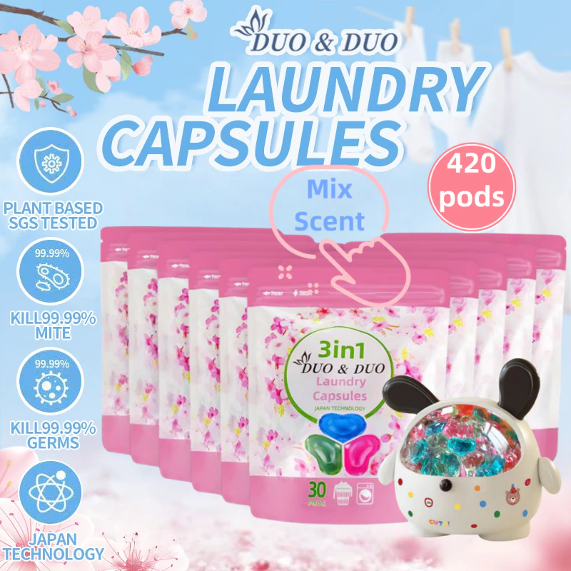 DuoDuo Plant Based Singapore SGS tested 3 in 1 Laundry Capsules Bundles of 10Packs+1Box 3 in 1 Mix Scent-420 PODS