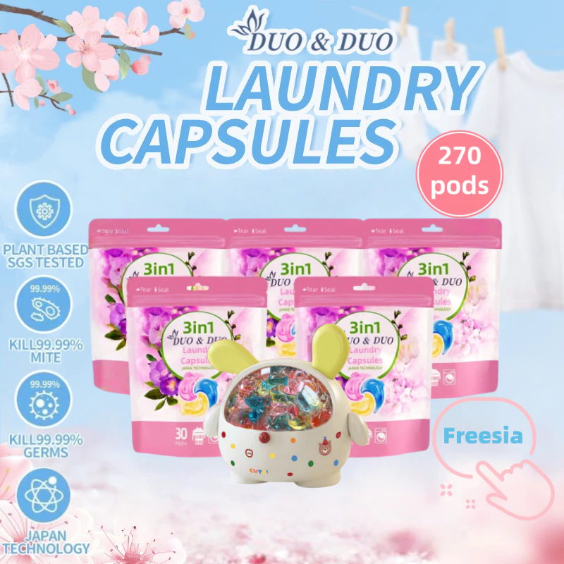 DuoDuo Plant Based Singapore SGS tested 3 in 1 Laundry Capsules Bundles of 5Packs+1Box Freesia Scent-270 PODS No ratings yet  (Freesia 5Packs + 1 Box Yellow)