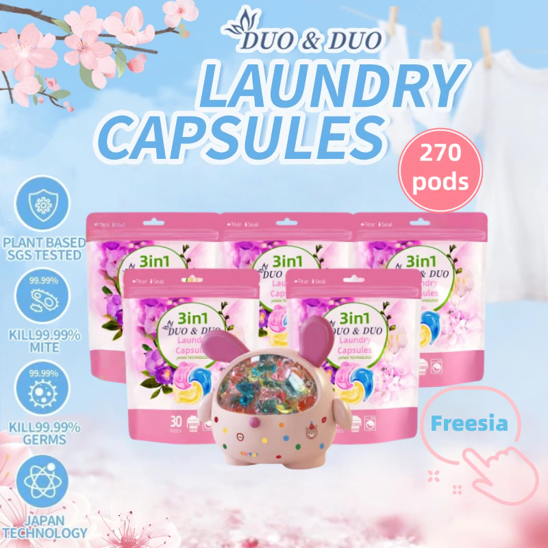DuoDuo Plant Based Singapore SGS tested 3 in 1 Laundry Capsules Bundles of 5Packs+1Box Freesia Scent-270 PODS No ratings yet 