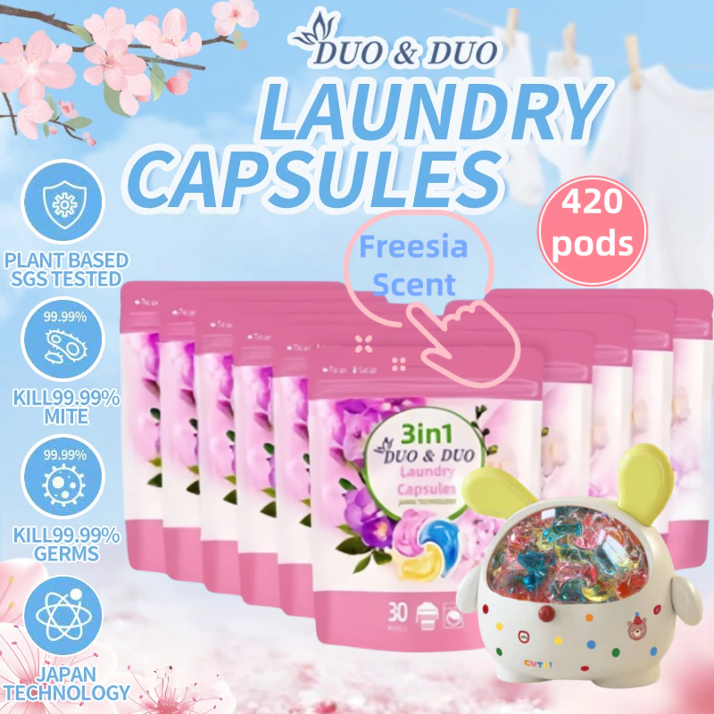 DuoDuo Plant Based Singapore SGS tested 3 in 1 Laundry Capsules Bundles of 10Packs+1Box 3 in 1 Freesia Scent-420 PODS (Freesia 10Packs + 1 Box Yellow)