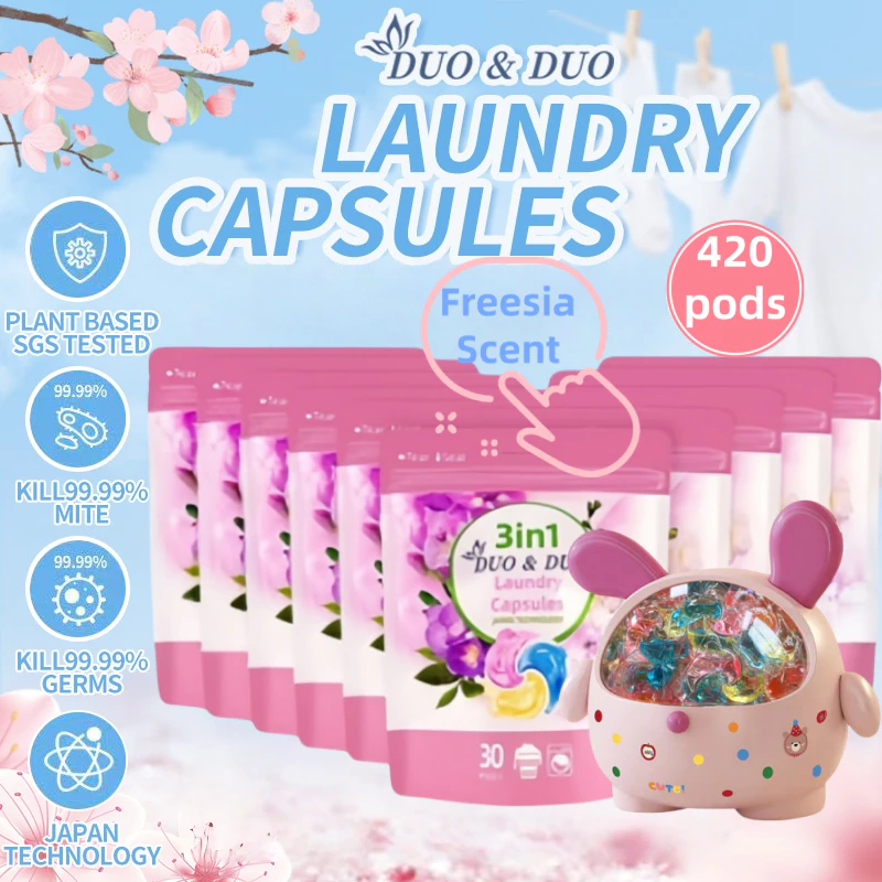 DuoDuo Plant Based Singapore SGS tested 3 in 1 Laundry Capsules Bundles of 10Packs+1Box 3 in 1 Freesia Scent-420 PODS