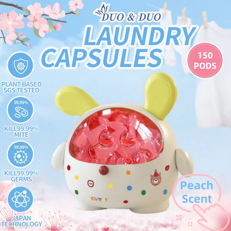 DuoDuo Plant Based Singapore SGS tested 3 in 1 Laundry Capsules Peach Scent - 150 Pods (Peach 1 Box Yellow)