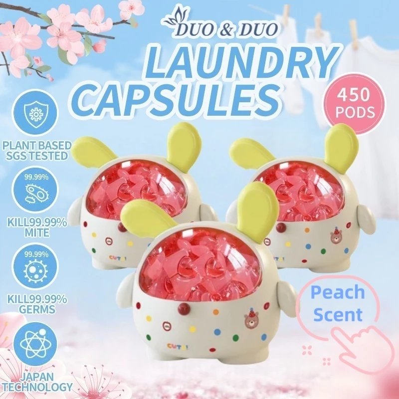 DuoDuo Plant Based Singapore SGS tested Bundle of 3Box 3 in 1 Laundry Capsules Peach Scent - 450 pods (Peach 3 Boxes Yellow)