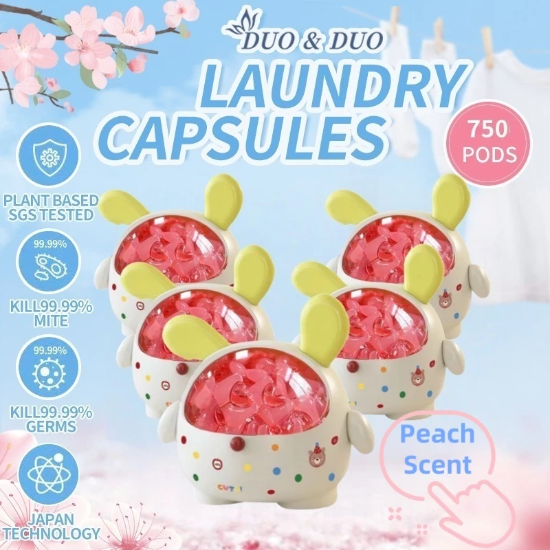 DuoDuo Plant Based Singapore SGS tested 3 in 1 Laundry Capsules Peach Scent Bundle of 5Box -750 pods (Peach 5 Boxes Yellow)