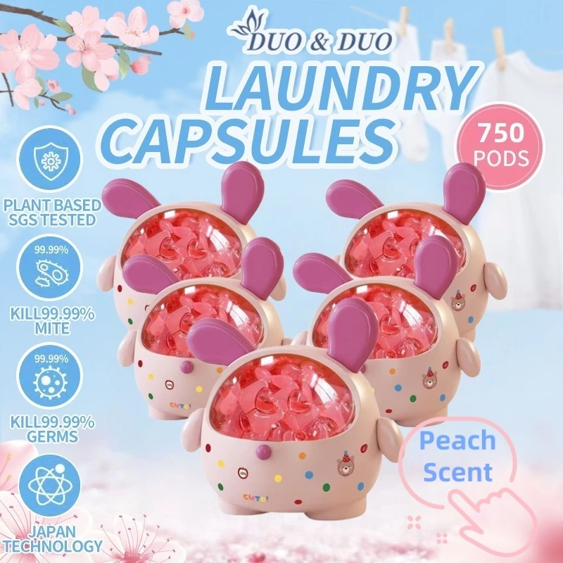 DuoDuo Plant Based Singapore SGS tested 3 in 1 Laundry Capsules Peach Scent Bundle of 5Box -750 pods