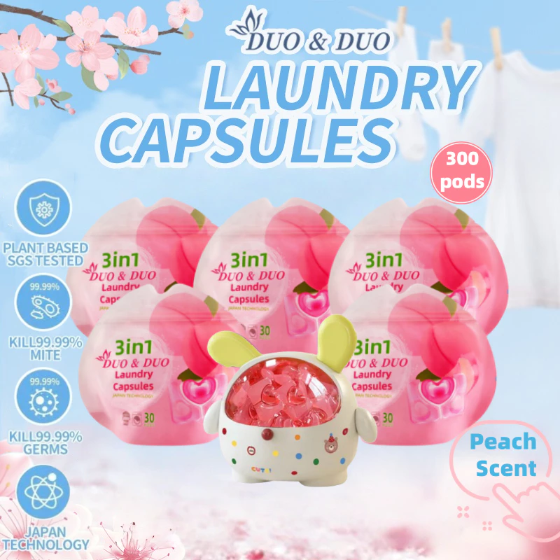 DuoDuo Plant Based Singapore SGS tested 3 in 1 Laundry Capsules Bundles of 5Packs+1Box Peach Scent-300 PODS (Peach 5Packs + 1 Box Yellow)