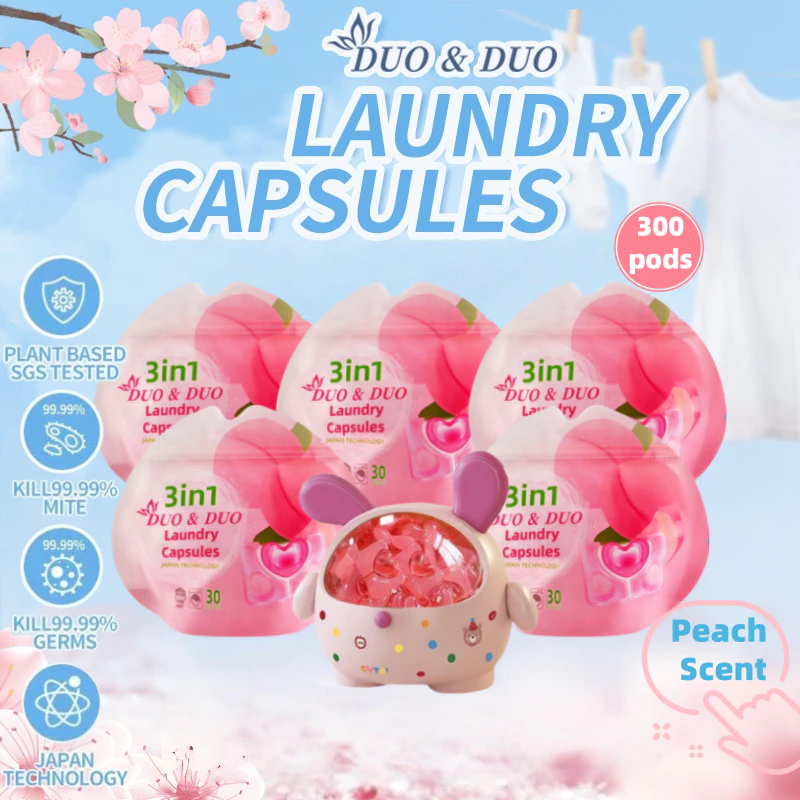 DuoDuo Plant Based Singapore SGS tested 3 in 1 Laundry Capsules Bundles of 5Packs+1Box Peach Scent-300 PODS