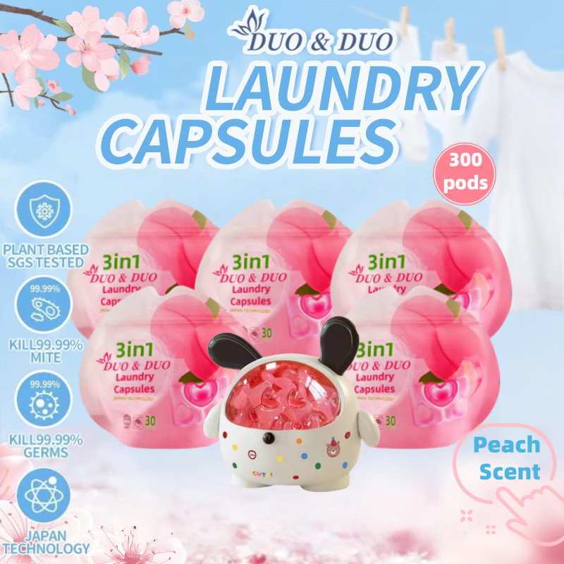 DuoDuo Plant Based Singapore SGS tested 3 in 1 Laundry Capsules Bundles of 5Packs+1Box Peach Scent-300 PODS