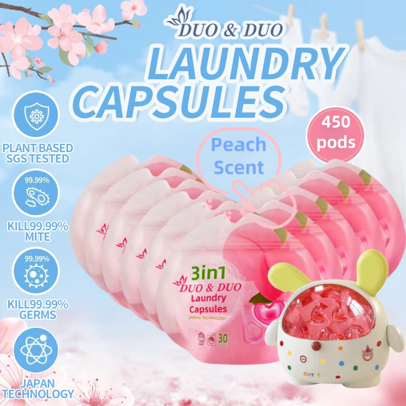 DuoDuo Plant Based Singapore SGS tested 3 in 1 Laundry Capsules Bundles of 10Packs+1Box 3 in 1 Peach Scent-450 PODS (Peach 10Packs + 1 Box Yellow)