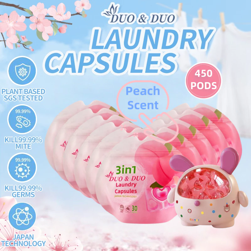 DuoDuo Plant Based Singapore SGS tested 3 in 1 Laundry Capsules Bundles of 10Packs+1Box 3 in 1 Peach Scent-450 PODS