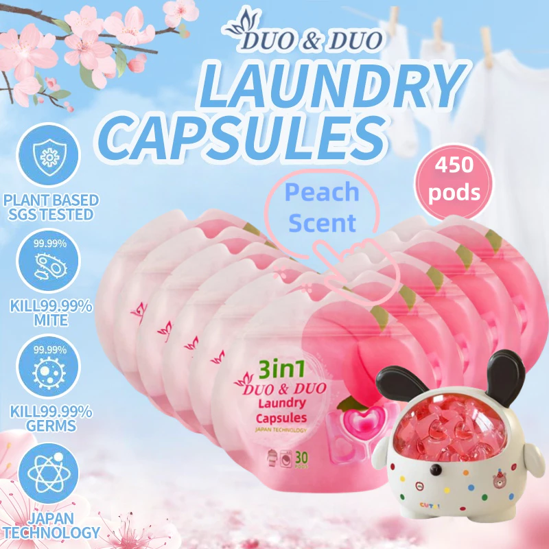 DuoDuo Plant Based Singapore SGS tested 3 in 1 Laundry Capsules Bundles of 10Packs+1Box 3 in 1 Peach Scent-450 PODS